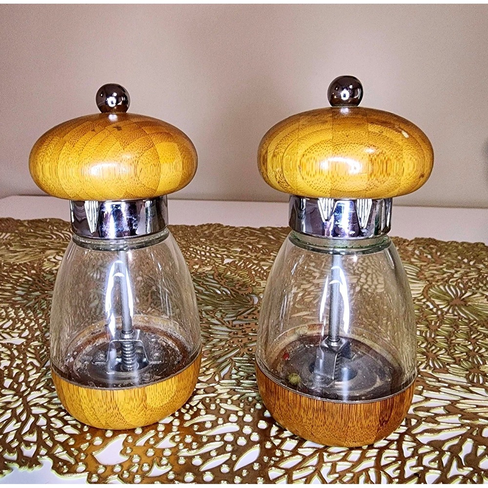 Old Thompson Vintage MCM Bamboo and Glass Salt Shaker and Pepper Mill Set